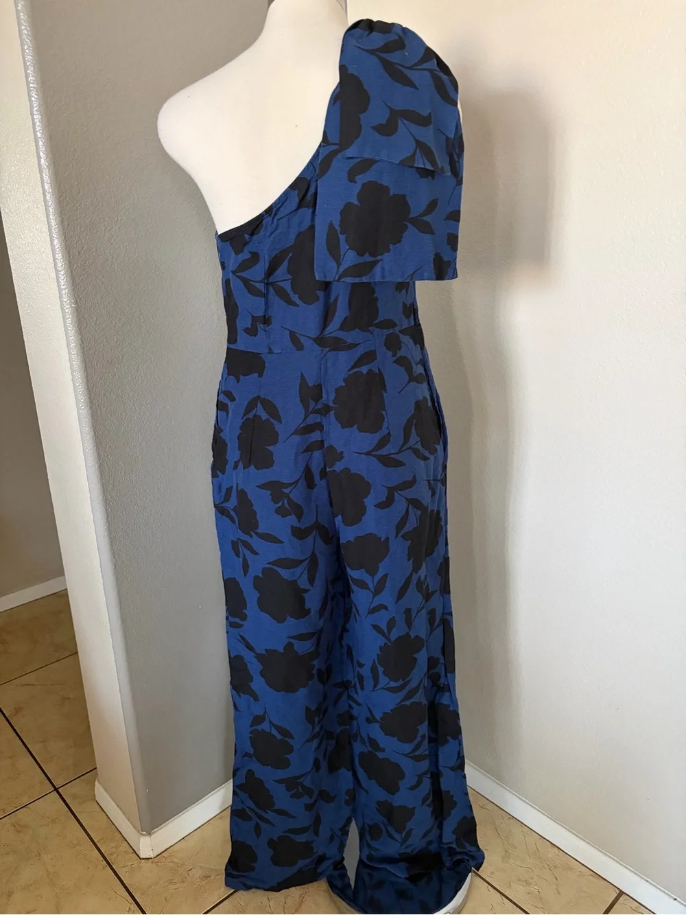 kate spade One-Shoulder Royal Blue and Black Floral Jumpsuit